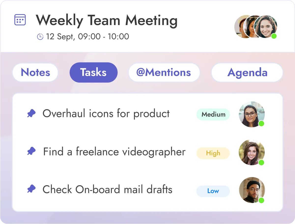 The "Tasks" section of a meeting agenda with Teamflect, displaying the tasks owned by meeting participants with various priority labels.