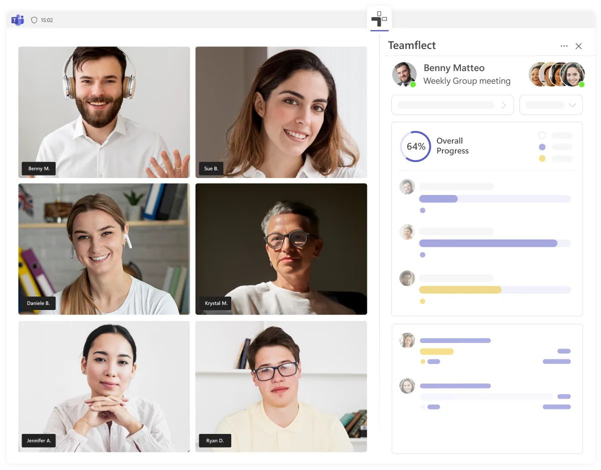 Teamflect's meeting extension inside an ongoing Microsoft Teams meeting. It shows how to view employee goals and create tasks inside Microsoft Teams meetings.