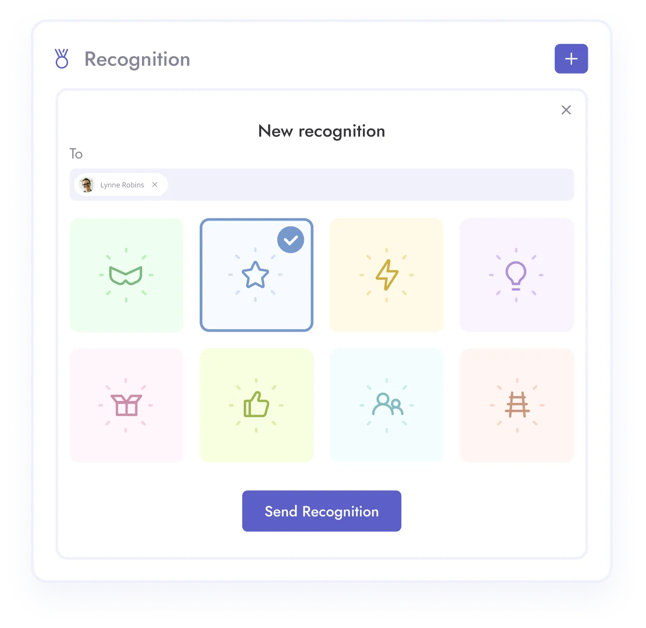 Customizable recognition badges inside Teamflect's employee rewards and recognition software.