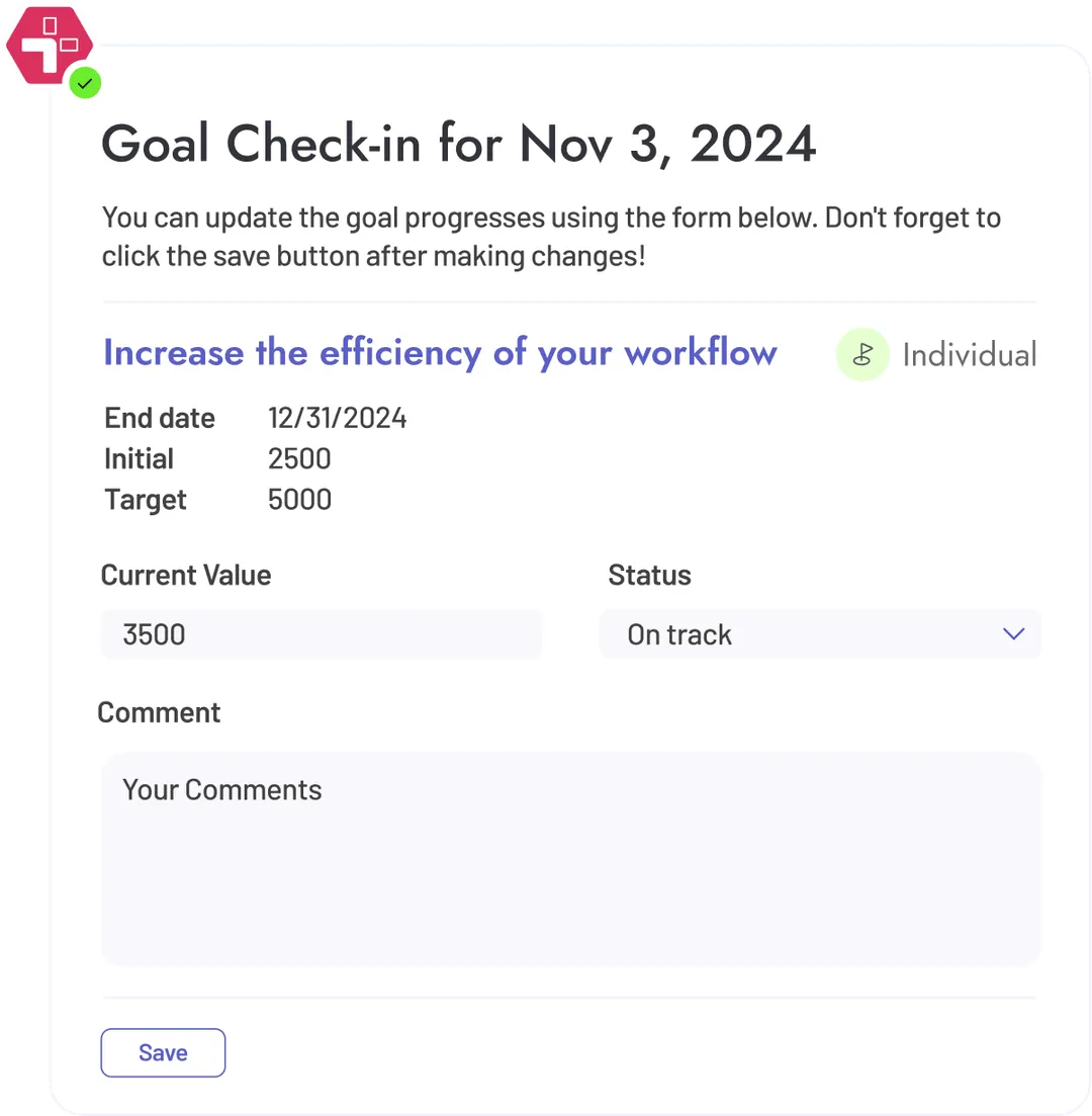 An automated goal check-in sent by Teamflect as an adaptive card inside Microsoft Teams.