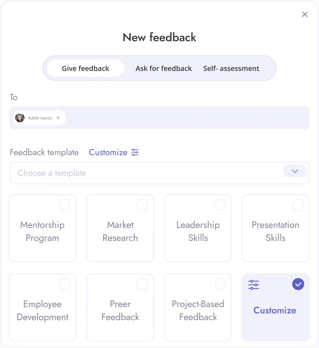 Teamflect's interface where employees can select feedback templates. It includes different feedback templates for different scenarios as well as the option for a custom feedback template.