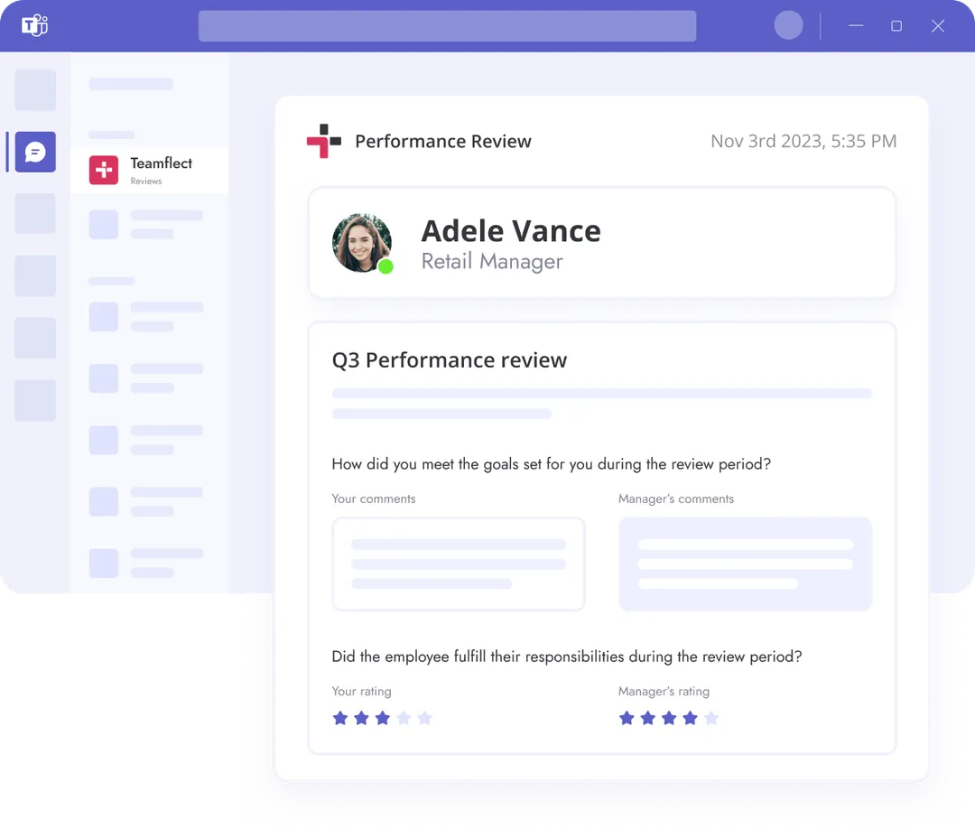 A performance review being conducted inside Microsoft Teams using Teamflect's performance review template with open ended and rating questions.