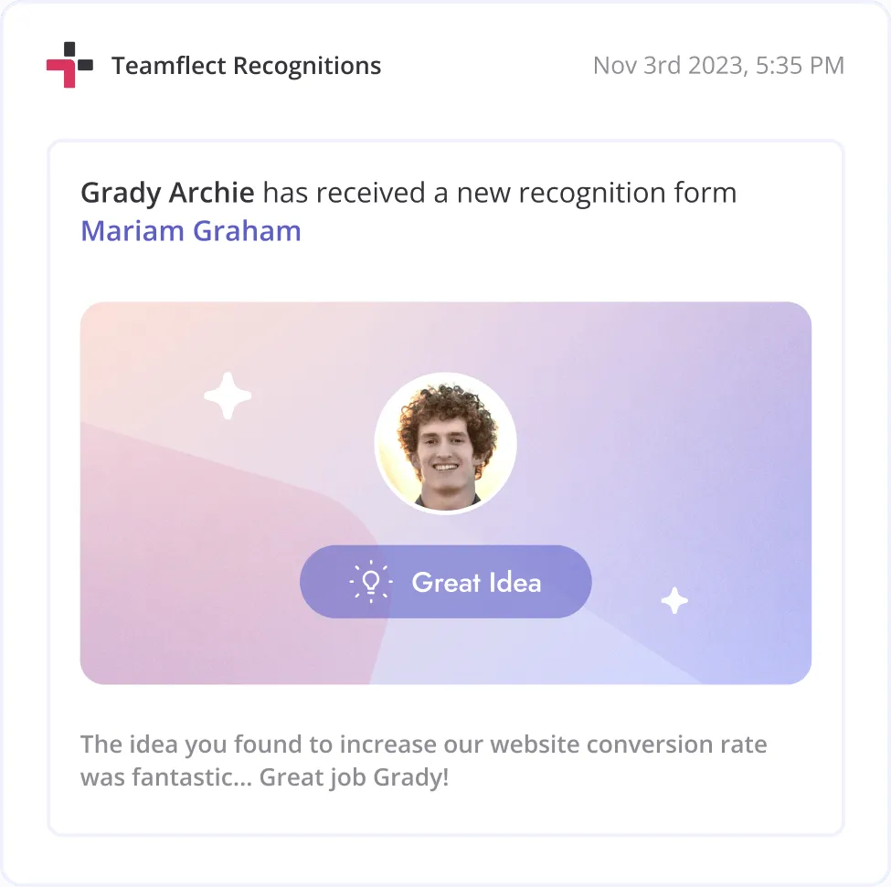A recognition badge received by an employee with a custom message.
