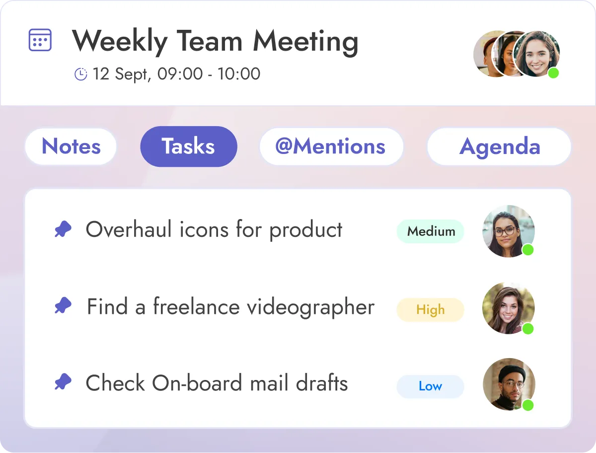 The "Tasks" section of a meeting agenda with Teamflect, displaying the tasks owned by meeting participants with various priority labels.