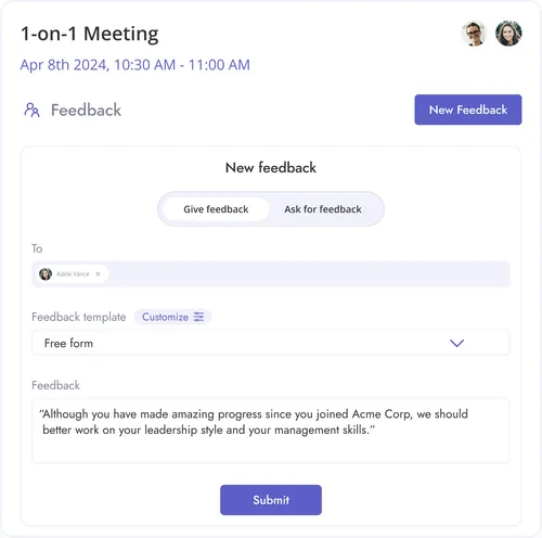 Teamflect's employee feedback software interface. It is showing free form feedback being delivered through a feedback template.