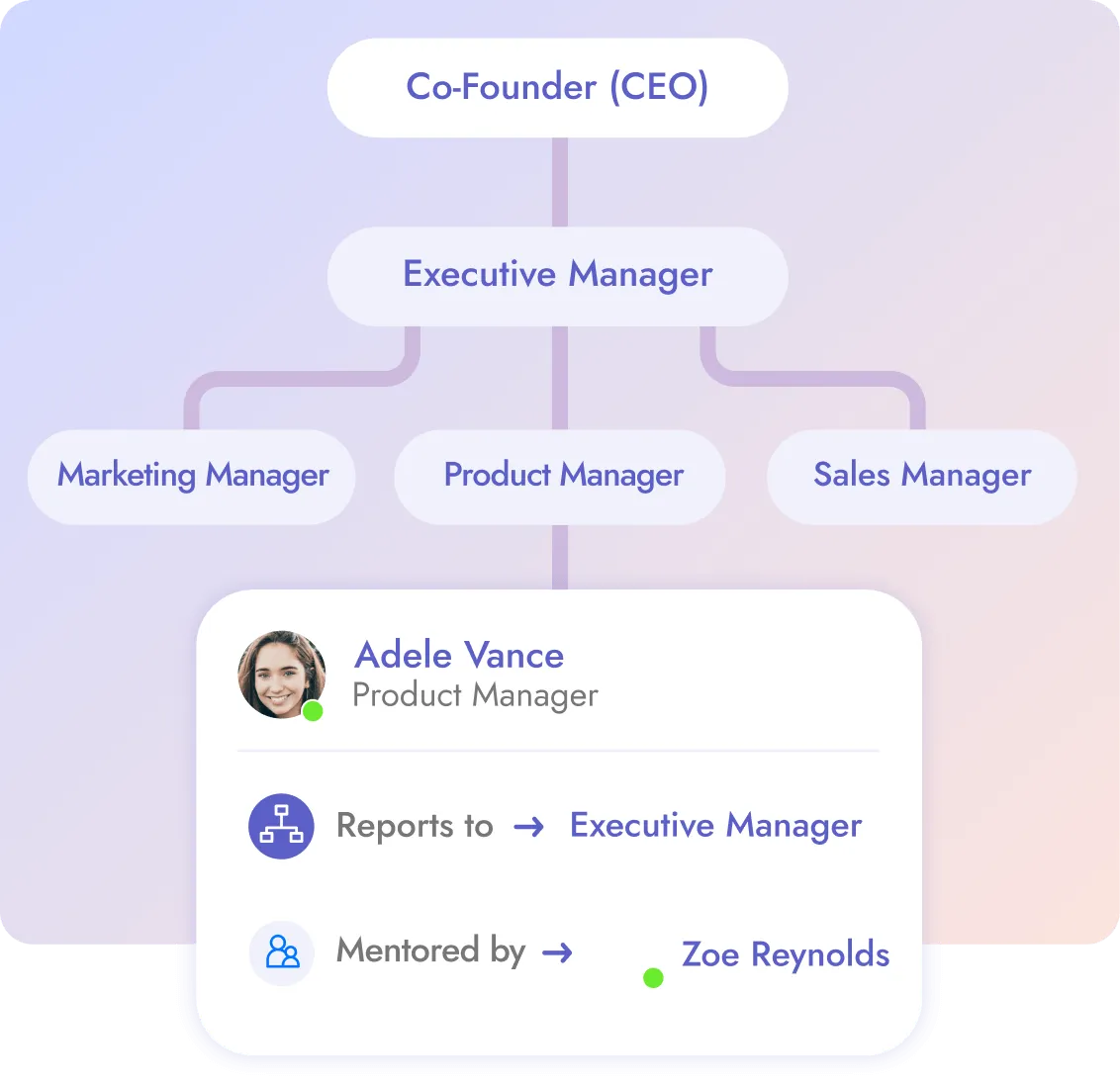 Organizational chart that shows multiple different levels in the company. 