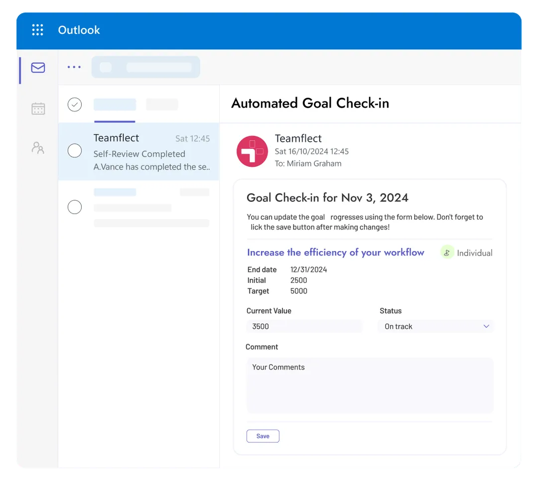 Automated goal check-ins sent as adaptive cards inside e-mails through Teamflect's Outlook extension.