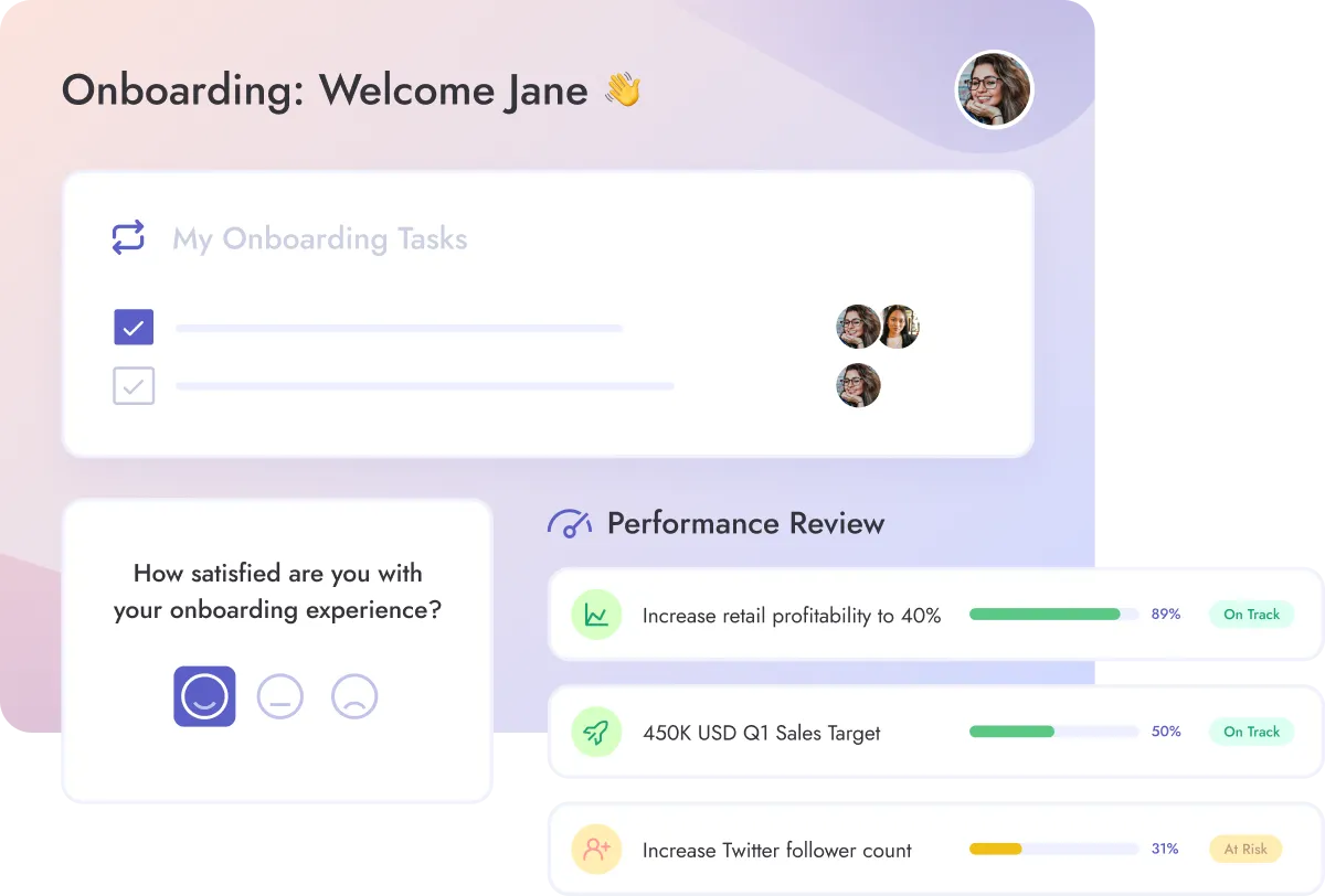 Teamflect's employee onboarding software interface with onboarding surveys, onboarding tasks, and onboarding reviews.