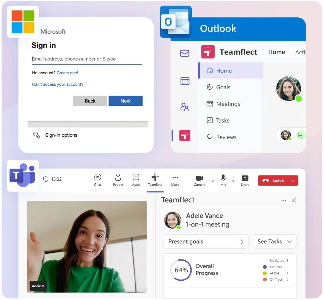 An image showing how Teamflect's performance management software integrates with Outlook, Microsoft Teams, and your Microsoft Account.