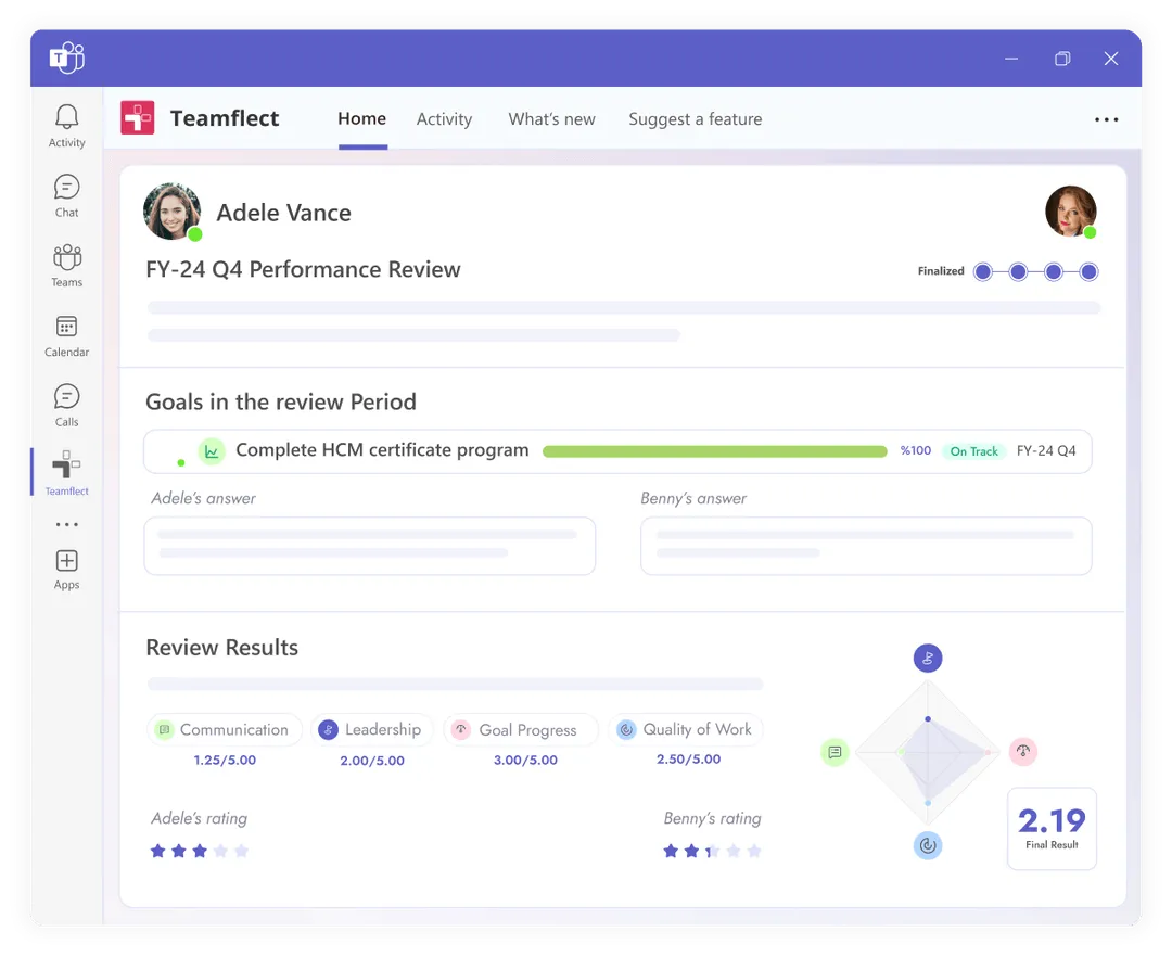 A performance review being conducted using Teamflect's performance review templates for Microsoft Teams. It includes a section dedicated to the employee's goals in the review period as well as a detailed results section.