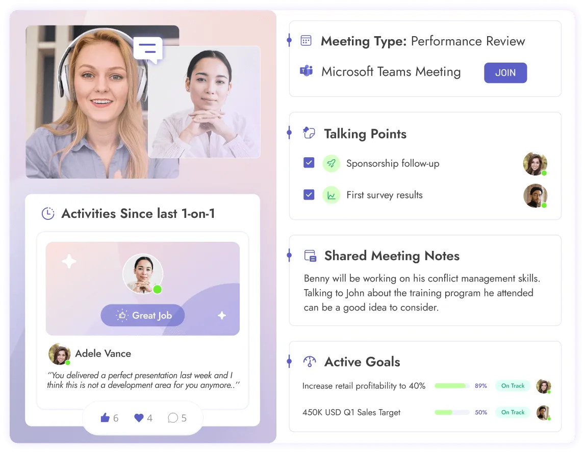 Teamflect's Microsoft Teams meeting agendas with talking points, shared & private meeting notes, employee recognition, and goal setting features.