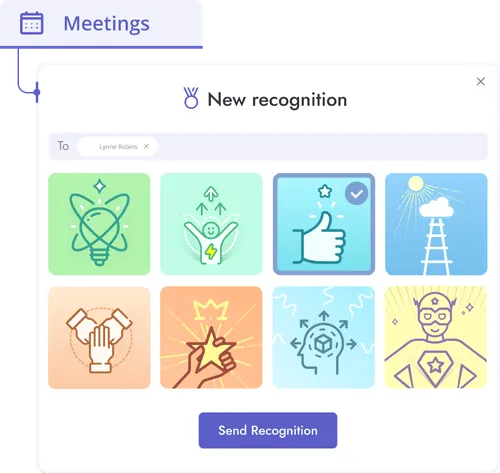 Customizable recognition badges inside Teamflect's employee rewards and recognition software.