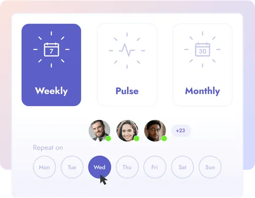 Teamflect's survey automation interface showing options for Weekly, Pulse, and Monthly survey options for team members.