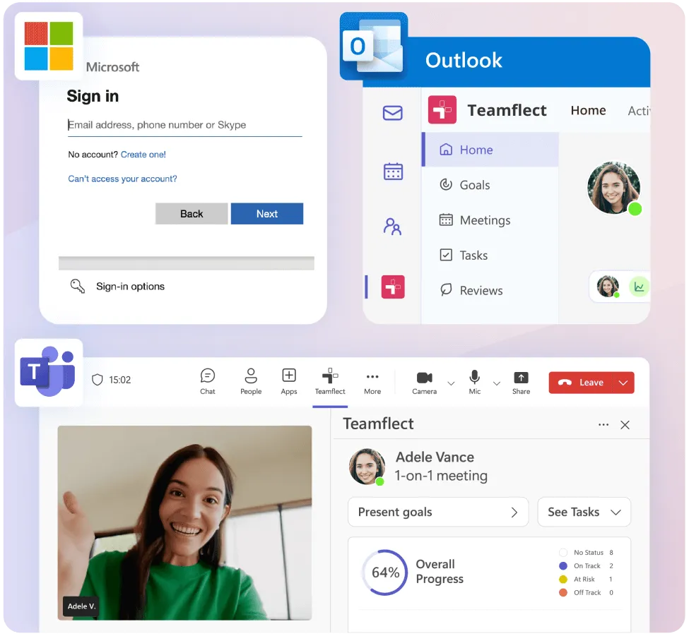 An image showing how Teamflect's performance management software integrates with Outlook, Microsoft Teams, and your Microsoft Account.