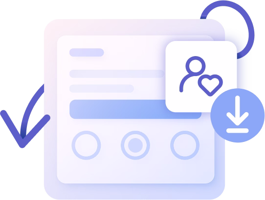 Illustration of a user survey form with radio button options, a person icon with a heart, a downward arrow, and a checkmark.