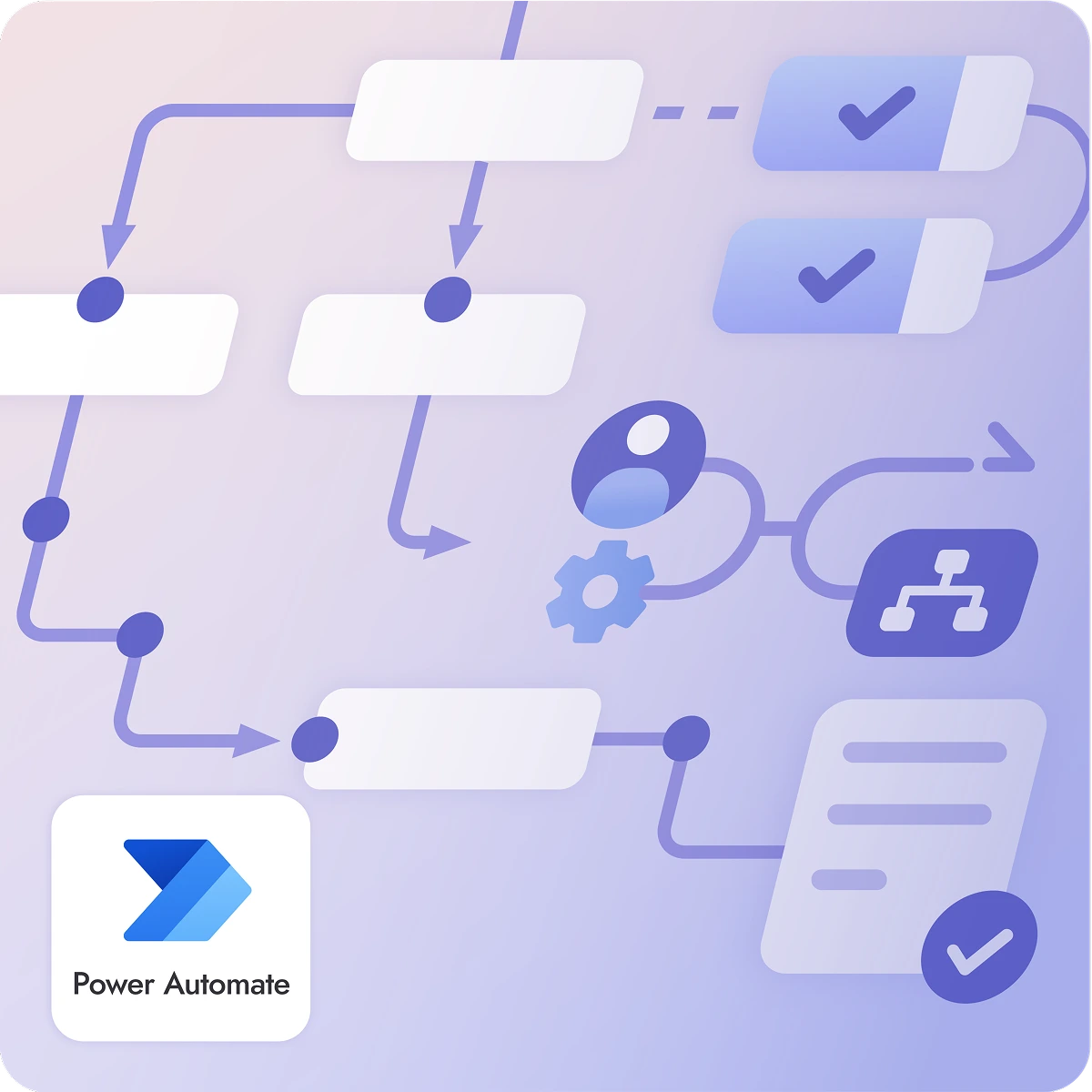 Illustration of a flowchart with arrows, check marks, user and gear icons, and the Power Automate logo.