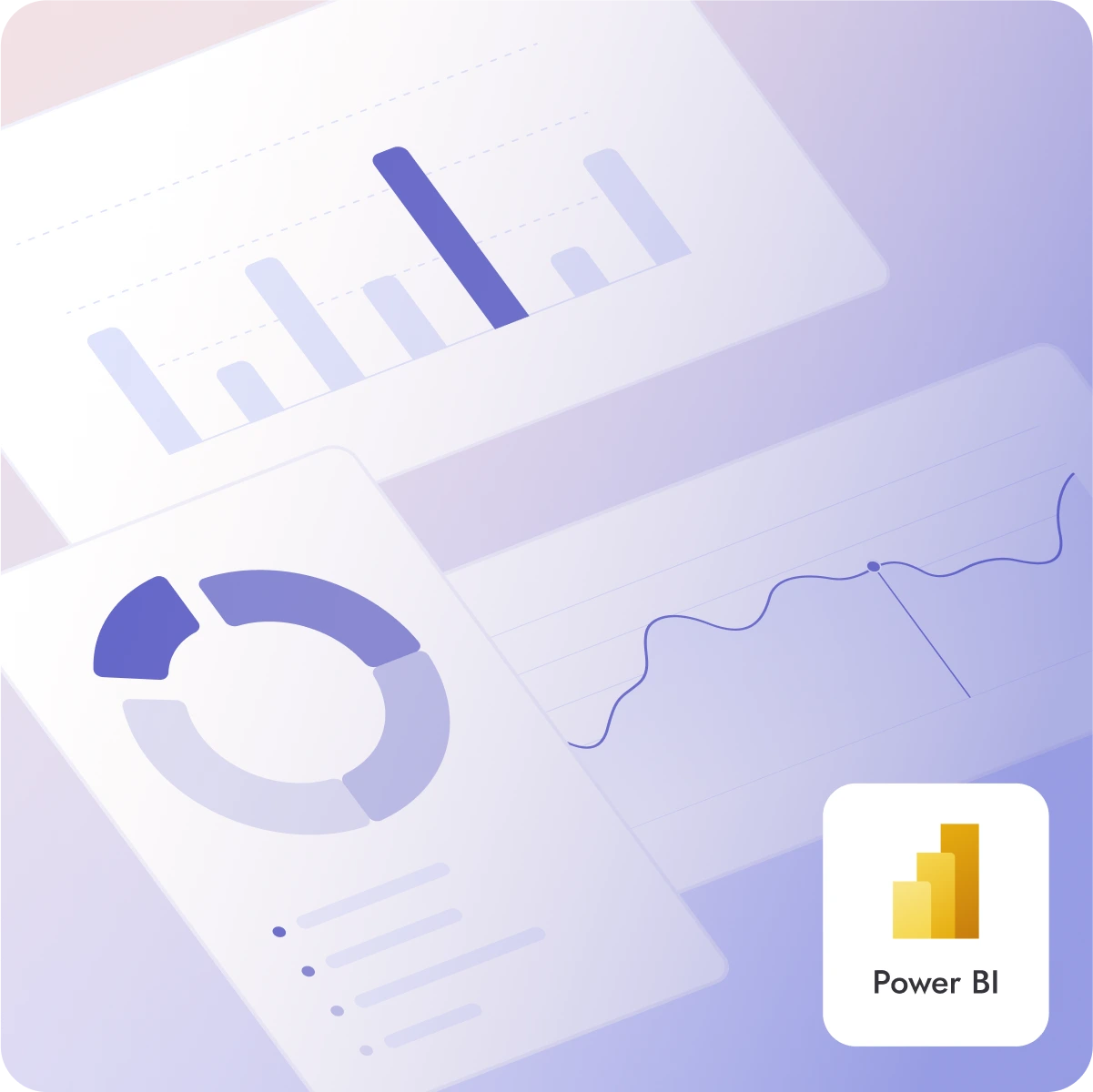 Illustration of data visualization dashboards with bar chart, donut chart, and line graph alongside the Power BI logo.