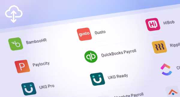 Grid of various HR and payroll software logos and names including BambooHR, Gusto, HiBob, Paylocity, QuickBooks Payroll, and UKG Pro.