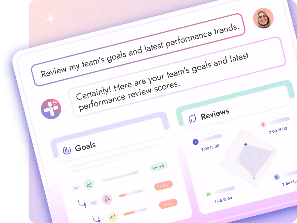 User interface showing a conversation about reviewing team goals and performance trends with score charts and status indicators.