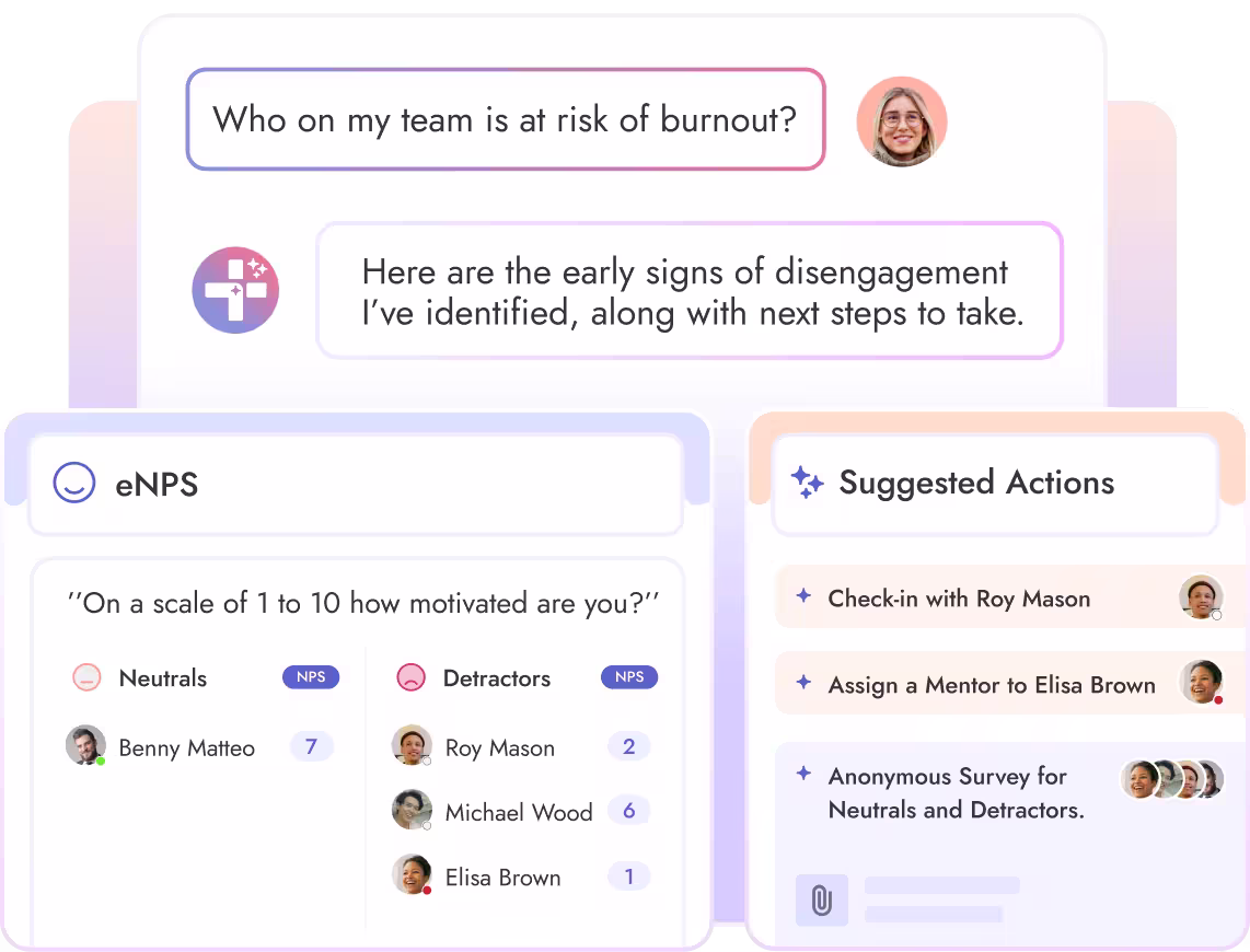 Dashboard showing employee burnout risk with eNPS survey results and suggested actions including check-in, mentor assignment, and anonymous survey.
