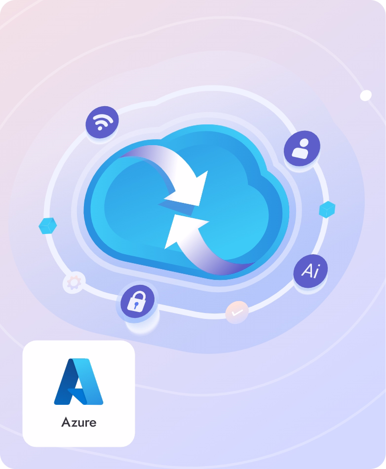 Blue cloud icon with two white arrows forming a circular sync symbol, surrounded by icons for Wi-Fi, user, AI, and security, with the Azure logo below.