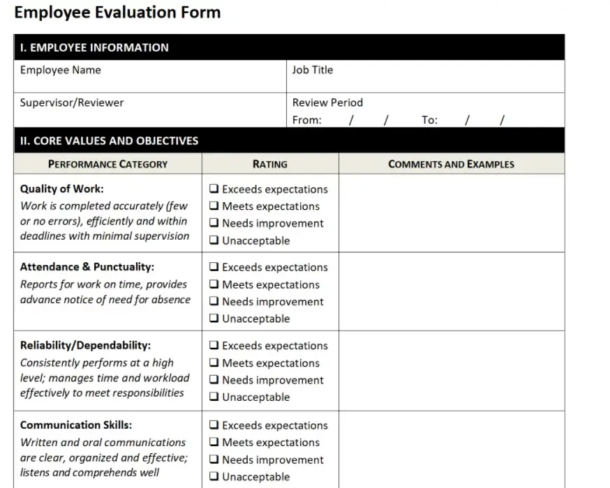 Employee evaluation template in Word