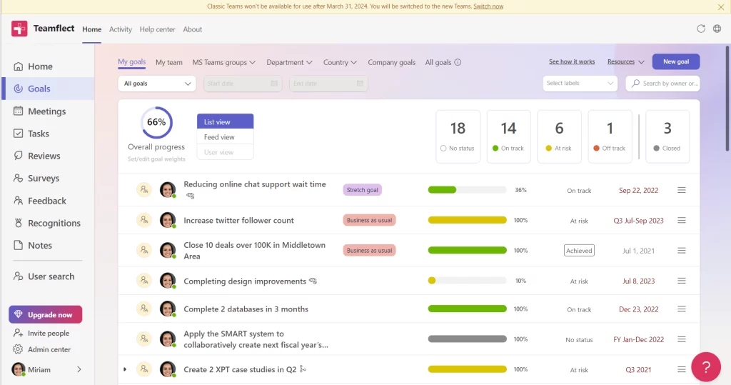 Goal tracking in Teamflect.