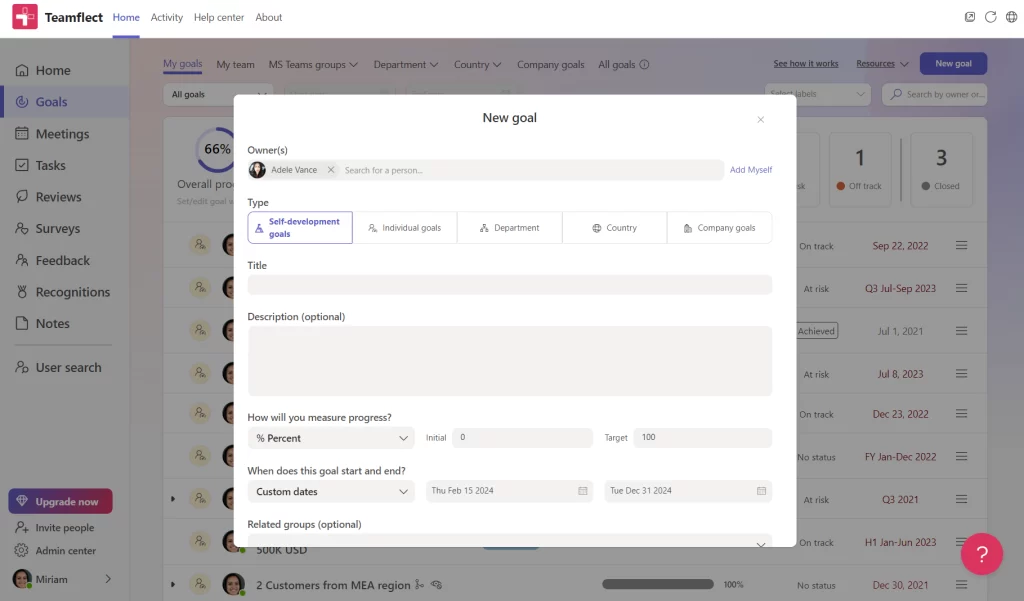 Teamflect goal-setting module.