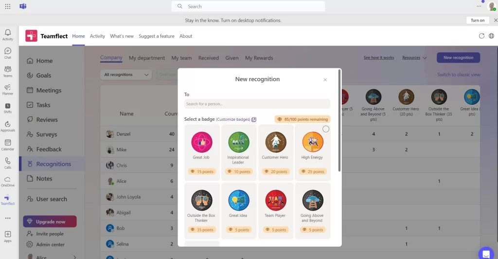 Employee recognition in teamflect