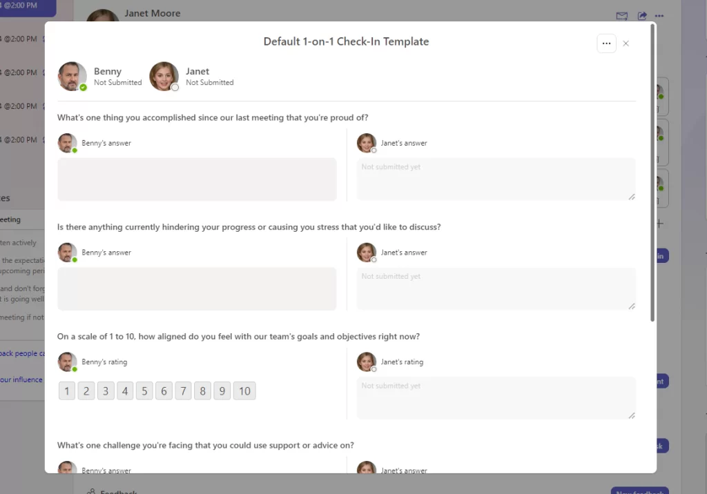 Teamflect's default 1:1 Check in Template covers essentials.