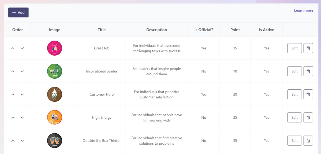 Employee recognition badges customization in teamflect