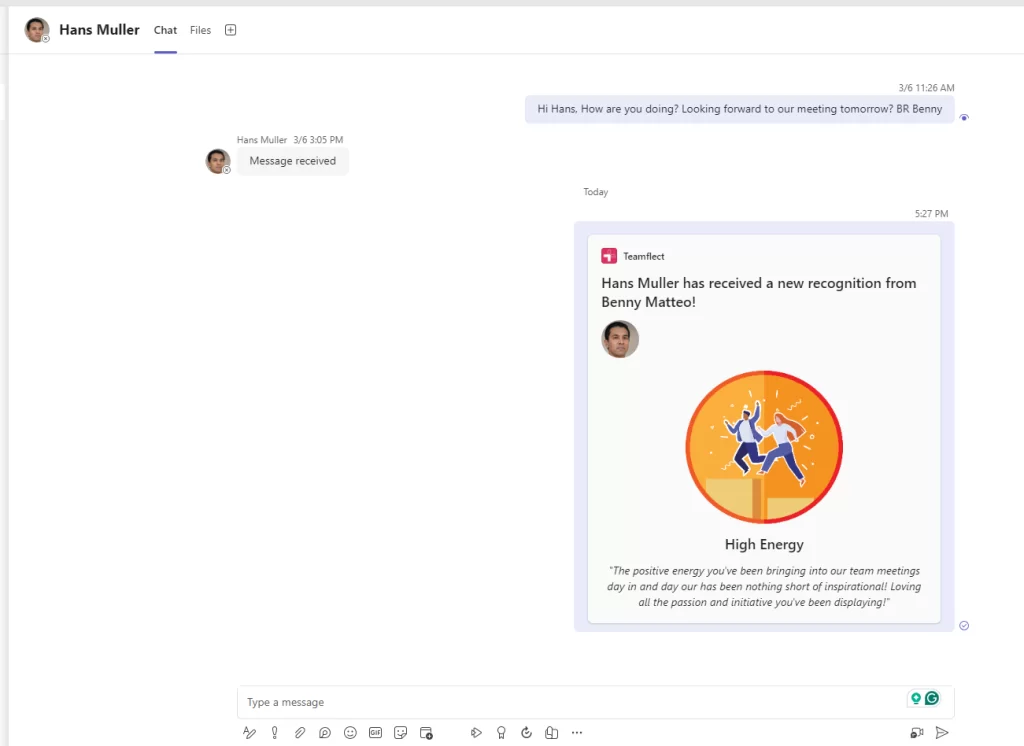 Teamflect sends adaptive cards in MS Teams chats.
