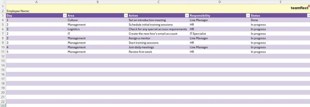 Employee preboarding checklist template in Excel