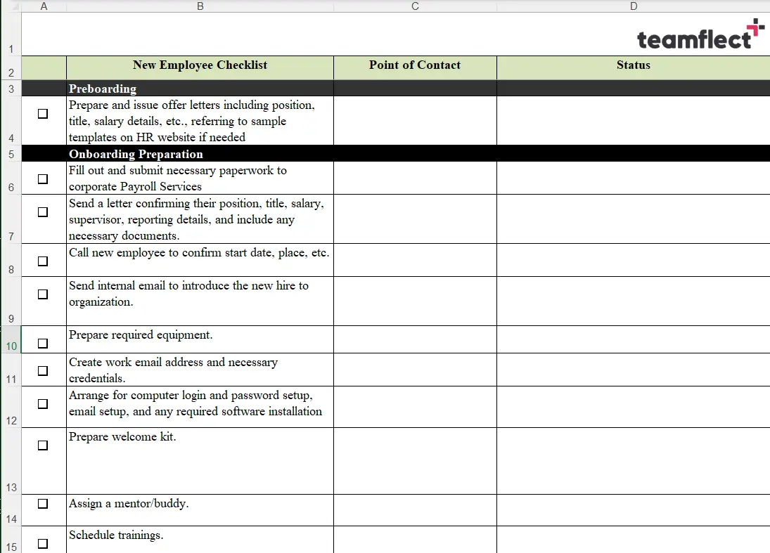 Onboarding  checklist with POC and Status columns in Excel format