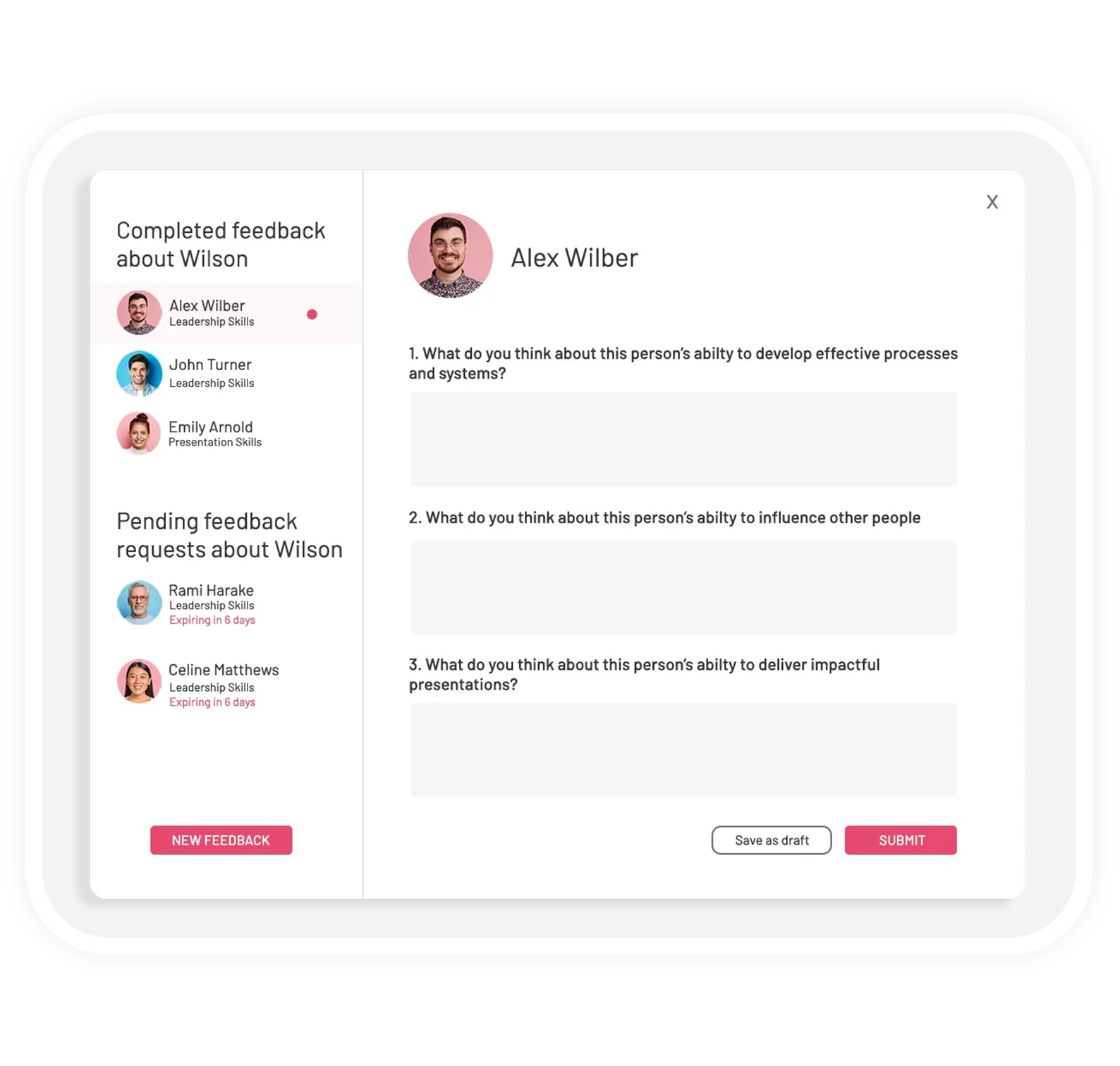 Constructive feedback examples for your manager: Teamflect feedback questions screen with completed and pending feedback