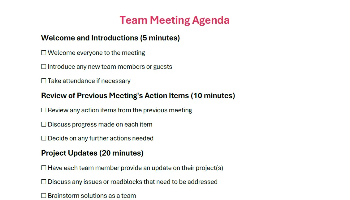 Team meeting agenda template with a checklist