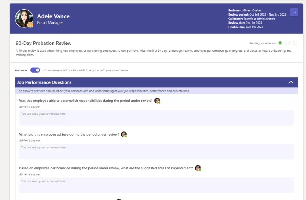 90 day probation period: Teamflect review module template customization.