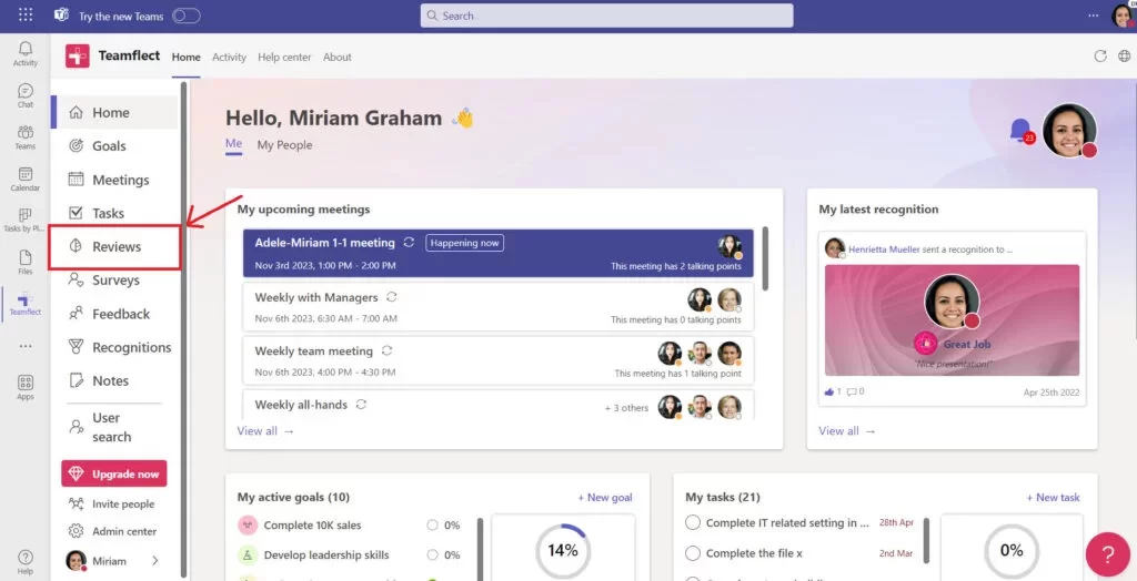 90 day probation period Teamflect homepage, review module