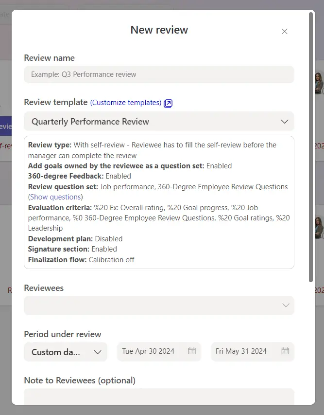 Teamflect review interface showing setup options for creating a new performance review