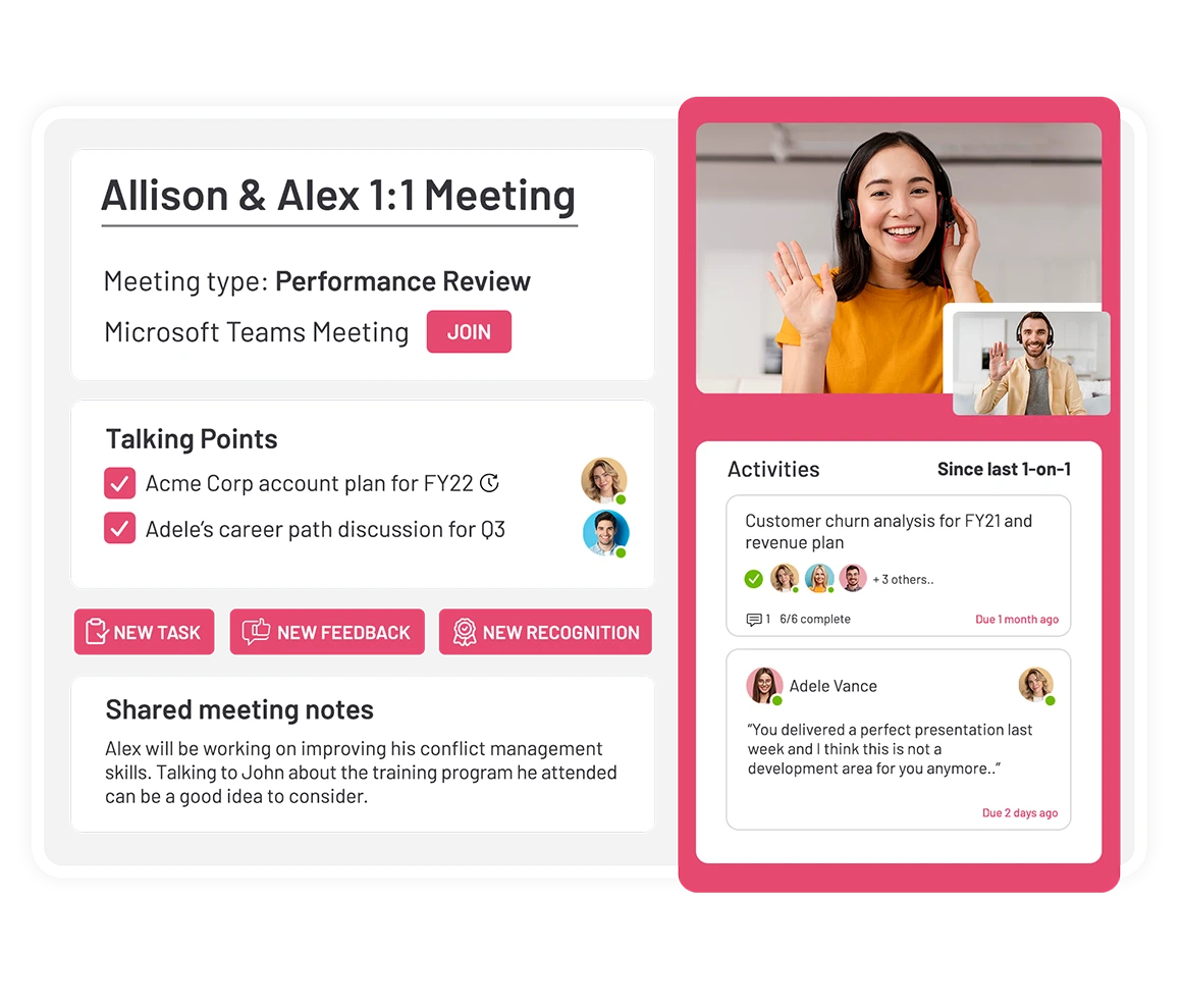 two people having one on one meeting with meeting page features