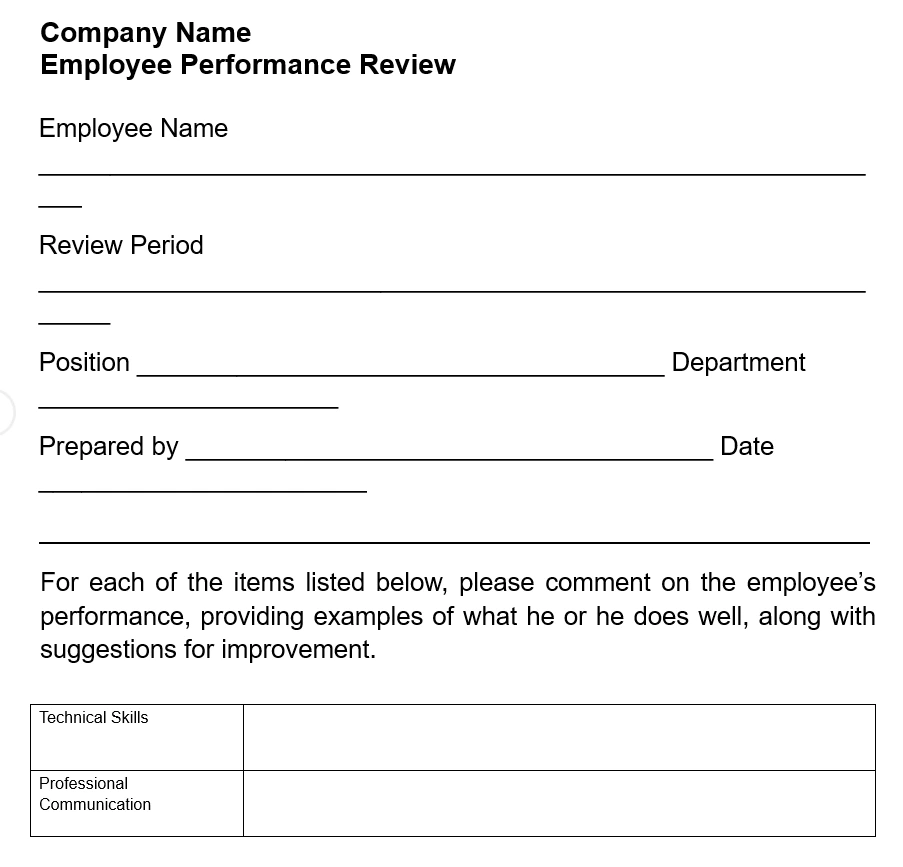 Free Word Employee performance evaluation template