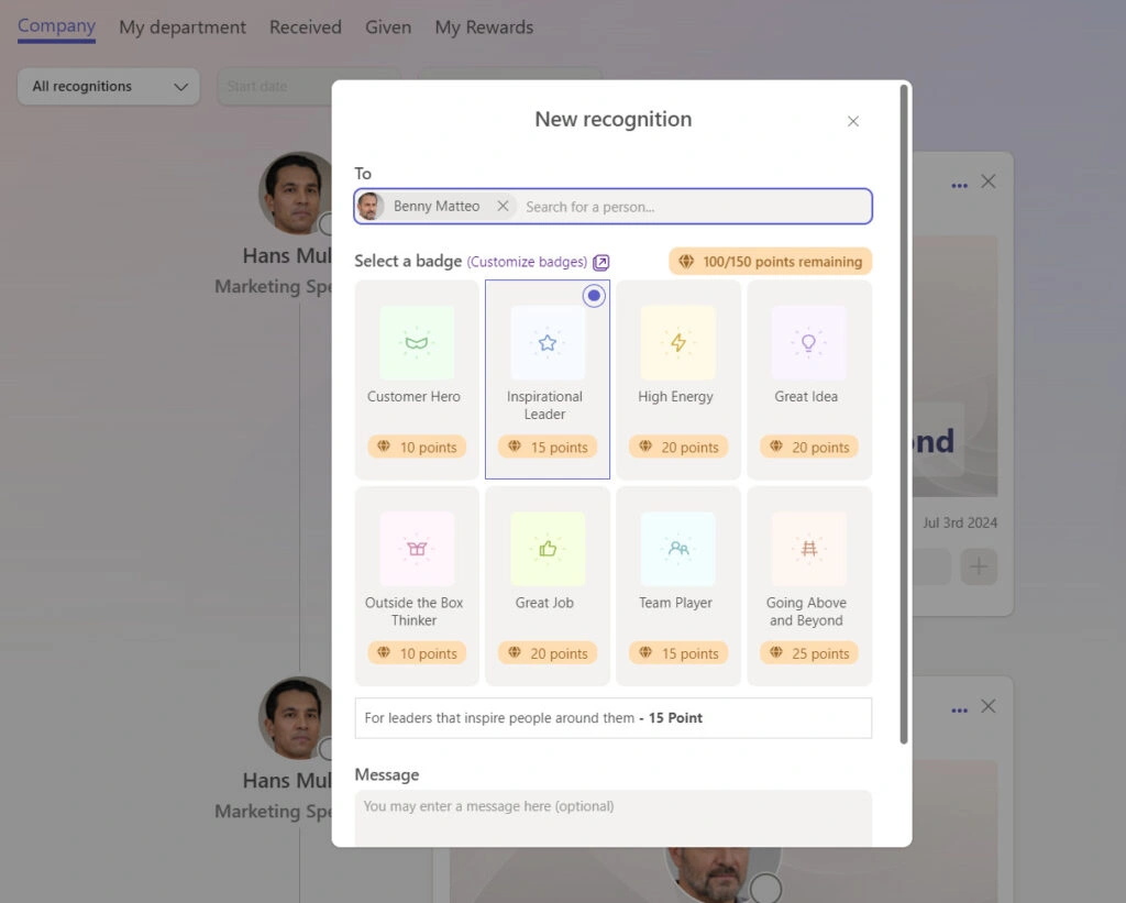 Employee recognition inside teamflect