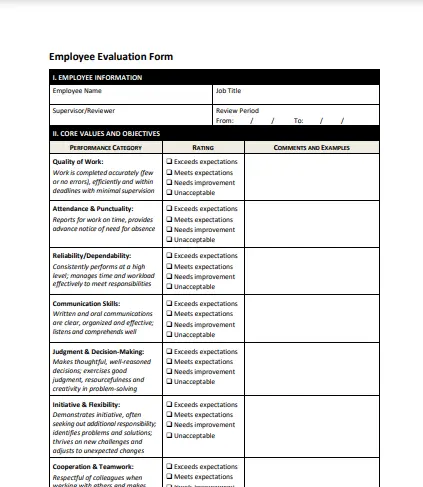 Employee evaluation template with open-ended questions and ratings.