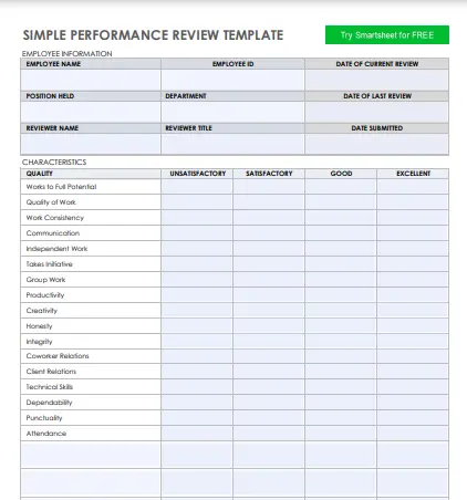 Simple performance review template in PDF format