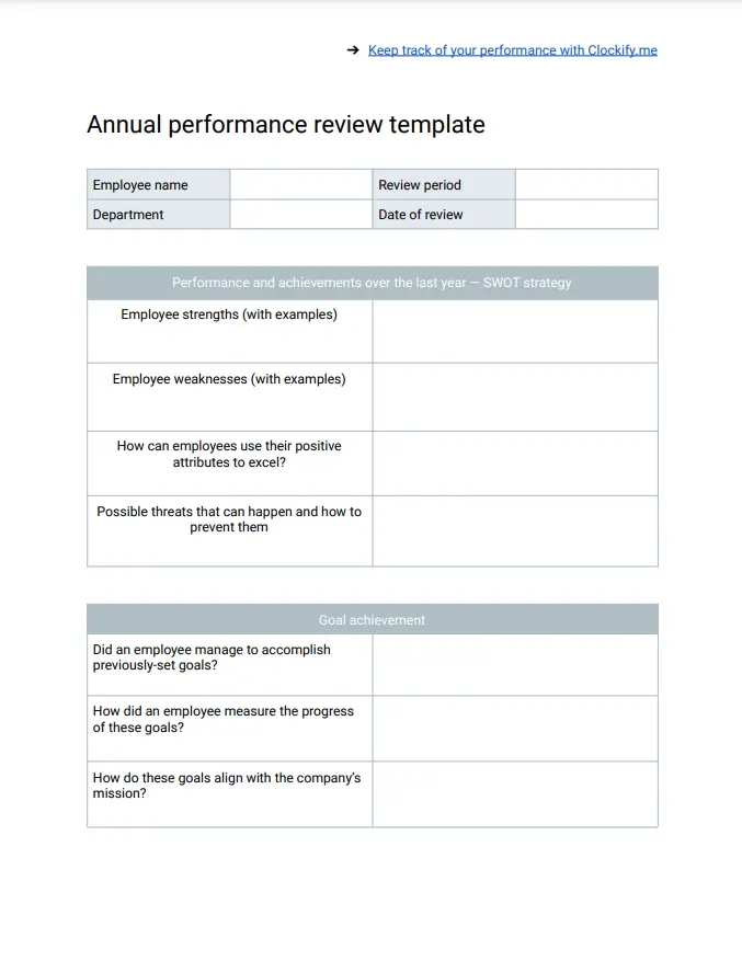 Annual performance review template in PDF format