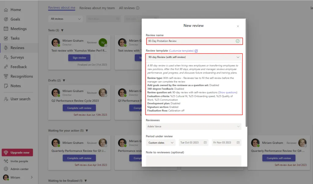 90 day probation period: Teamflect review module template selection.