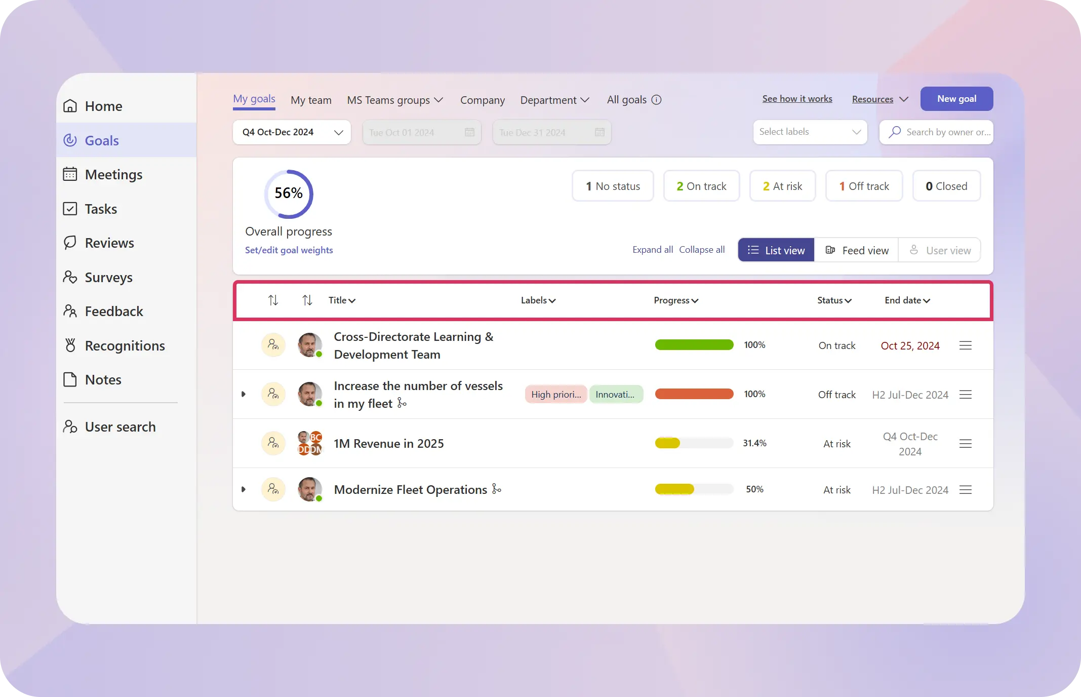 Filtering goals in Teamflect