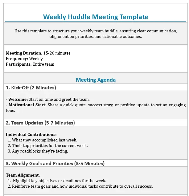 Weekly team huddle meeting template