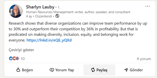 A LinkedIn post by HR Expert Sharlyn Lauby on Diversity and Talent Management