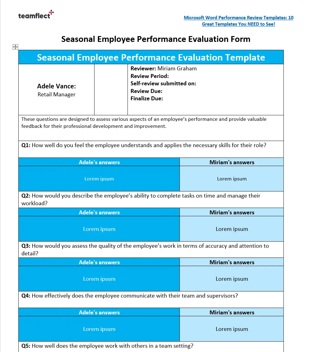 seasonal employee performance evaluation template